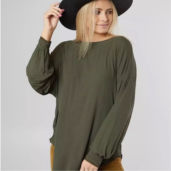 Free People Army Green Shimmy Shake Open Back Long Sleeve Top Size S - Picture 8 of 9